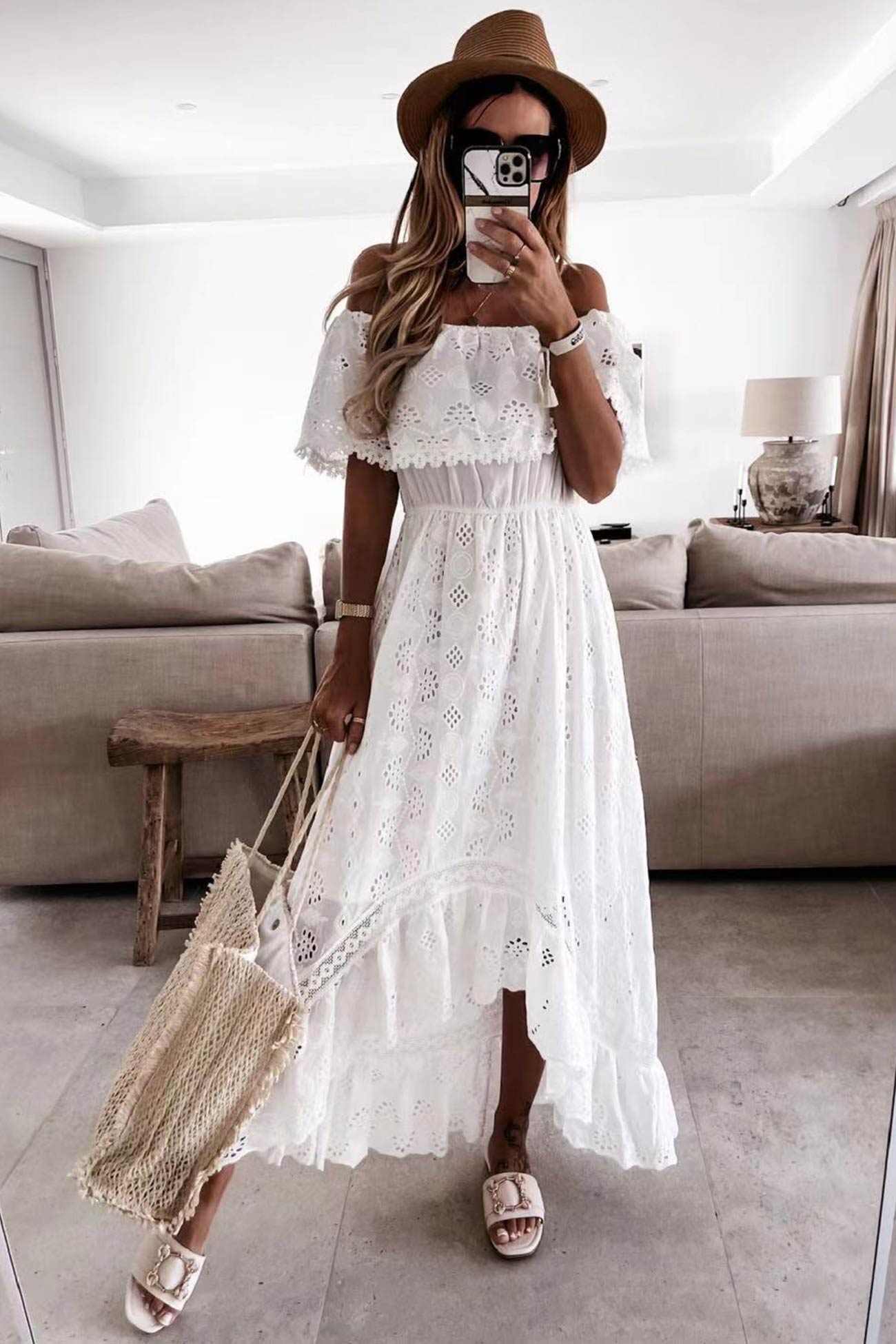 Off Shoulder Lace Hollow Out Beach Dress - Fashionpara