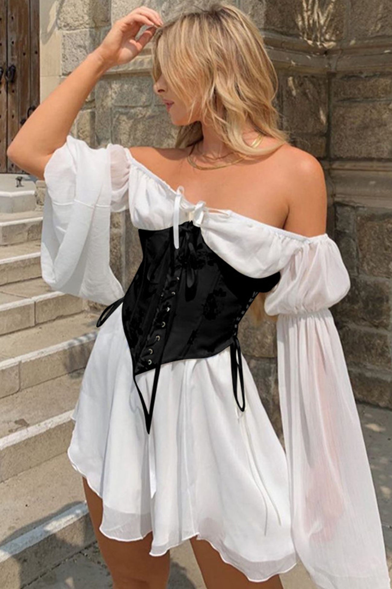 Off Shoulder Lace-up Corset Ruched Dress - Fashionpara