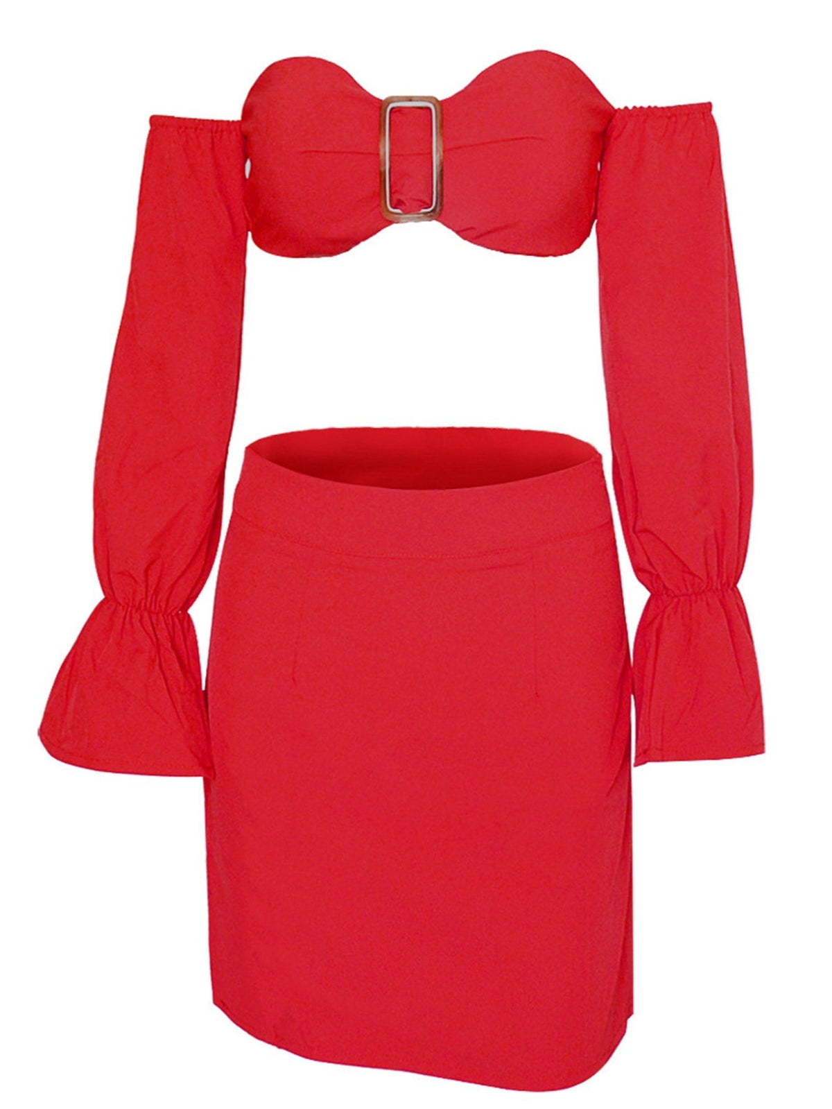 KittenAlarm - Off Shoulder Lantern Sleeve Crop Top & Skirt Set