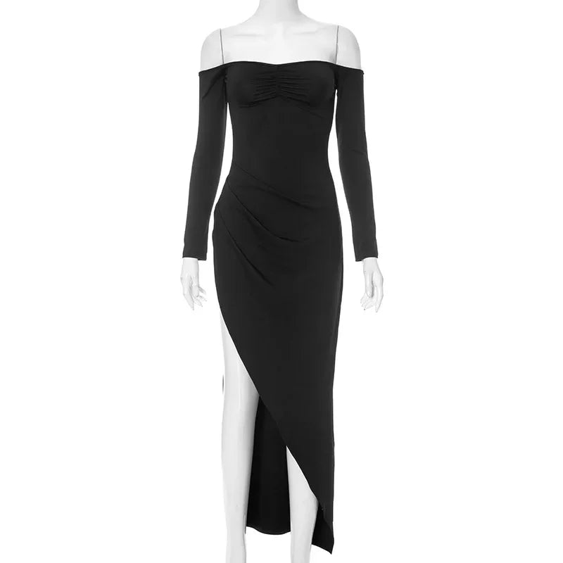 Off Shoulder Long Sleeve High Split Ruched Maxi Dress 6