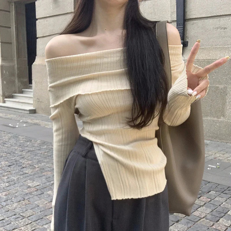 Off Shoulder Slim Slash Neck Long Sleeve Knit Top - Fashionpara