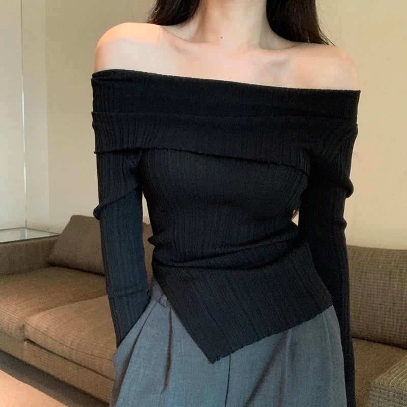 Off Shoulder Slim Slash Neck Long Sleeve Knit Top - Fashionpara