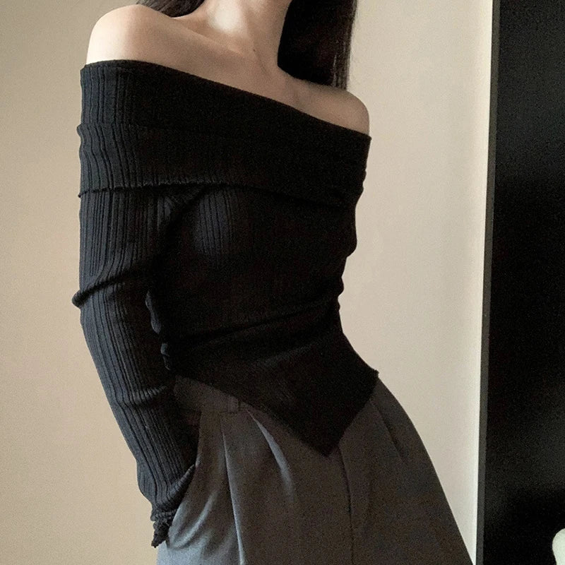 Off Shoulder Slim Slash Neck Long Sleeve Knit Top - Fashionpara