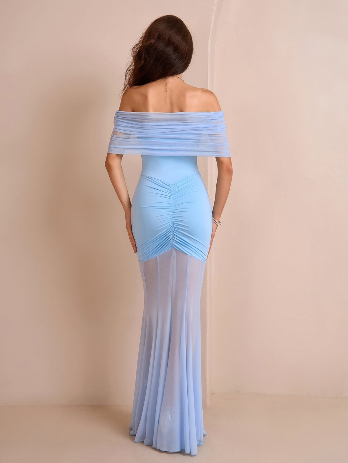 Off Shoulder Ruched Sheer Mesh Bodycon Mermaid Maxi Dress - View 11