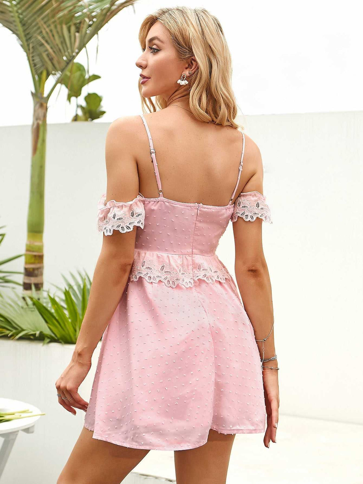 Off Shoulder Ruffle Detail Lace Trim Cami Dress - View 8