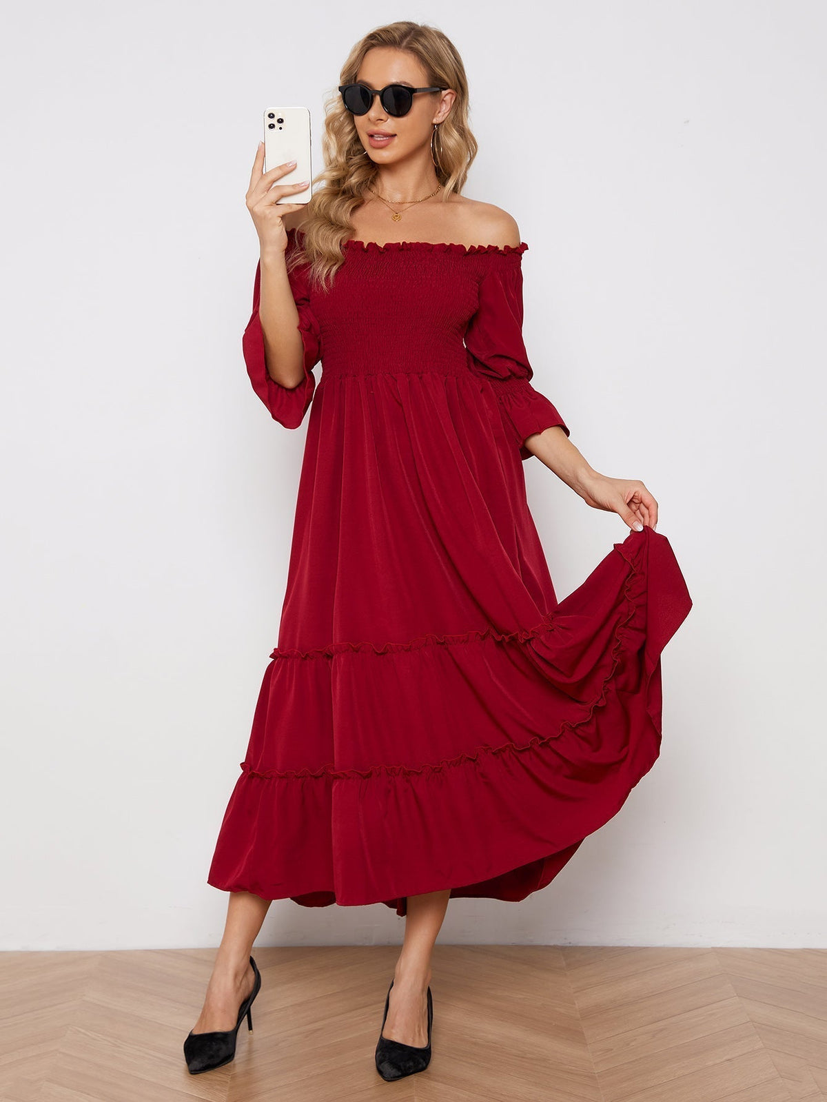 KittenAlarm - Off Shoulder Solid Color Slit Pleated Long Sleeve Dress