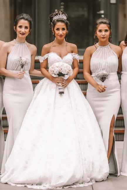 A-Line Off The Shoulder Floor-Length Wedding Dress Romantic Bridal Gowns - Fashionpara