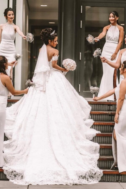 A-Line Off The Shoulder Floor-Length Wedding Dress Romantic Bridal Gowns - Fashionpara