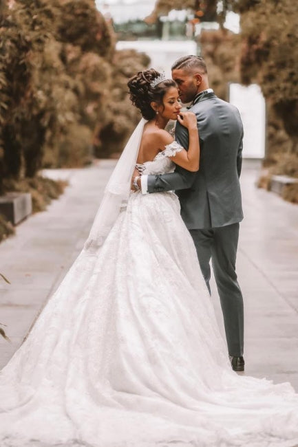 A-Line Off The Shoulder Floor-Length Wedding Dress Romantic Bridal Gowns - Fashionpara