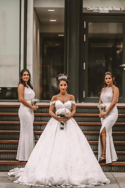 A-Line Off The Shoulder Floor-Length Wedding Dress Romantic Bridal Gowns - Fashionpara