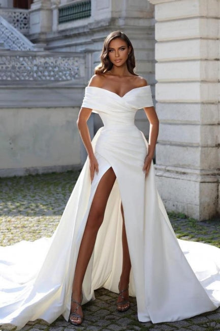 Elegant Mermaid Off The Shoulder Stain Princess Wedding Dress with Split - Fashionpara