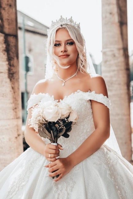 Ball Gown Sweetheart Off-The-Shoulder Stain Wedding Dress with Appliques - Fashionpara
