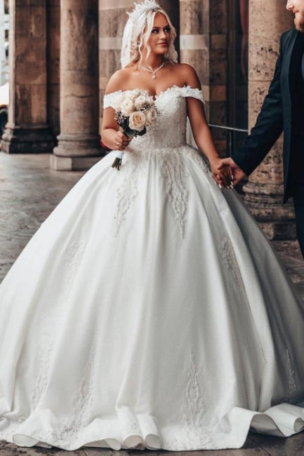 Ball Gown Sweetheart Off-The-Shoulder Stain Wedding Dress with Appliques - Fashionpara