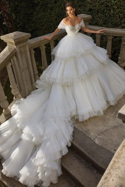 Luxury Off the Shoulder White Tulle Wedding Dress with Ruffles - Fashionpara