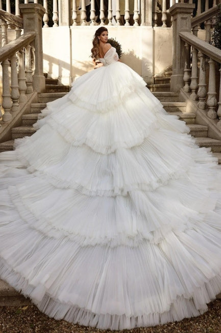 Luxury Off the Shoulder White Tulle Wedding Dress with Ruffles - Fashionpara
