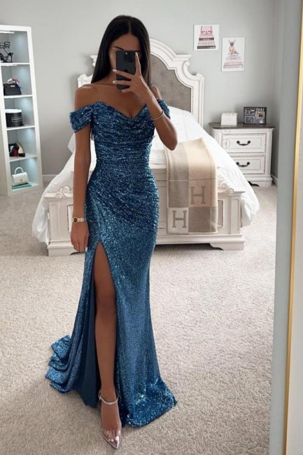 Elegant Off the shoulder Blue mermaid Prom Dress with Ruffles - Fashionpara