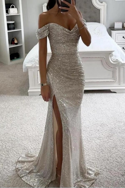 Elegant Off the shoulder Blue mermaid Prom Dress with Ruffles - Fashionpara