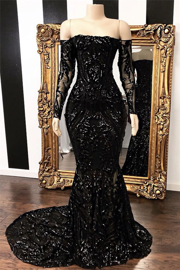 Off-the-shoulder Long Sleeves Sexy Mermaid Sweep Train Prom Evening Dresses