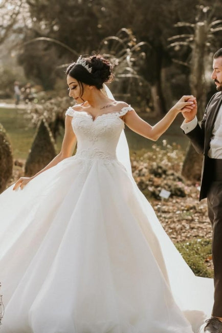 Ball Gown Off the shoulder White Garden Wedding Dress - Fashionpara