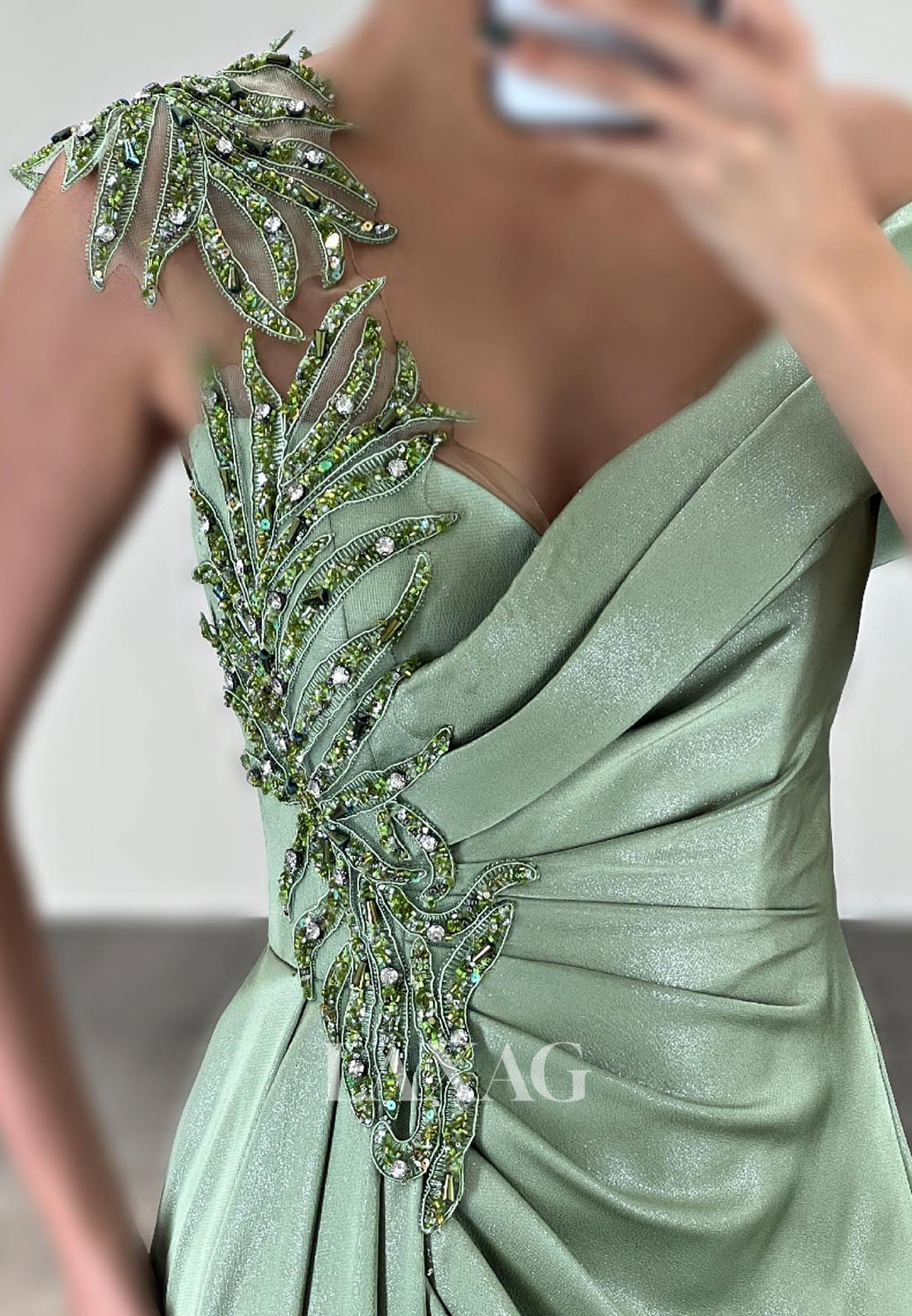 23164 - Off Shoulder Beaded Pleated Sleek Satin Party Prom Formal Evening Dress with Slit - Fashionpara