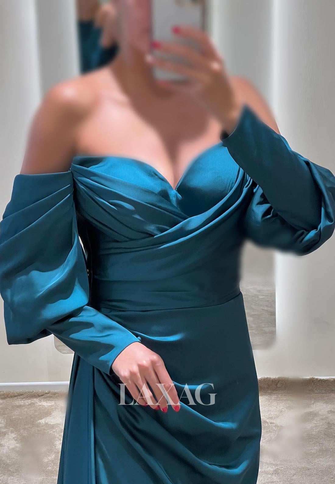 23160 - Off Shoulder Long Sleeves High Slit Party Prom Formal Evening Dress with Train - Fashionpara