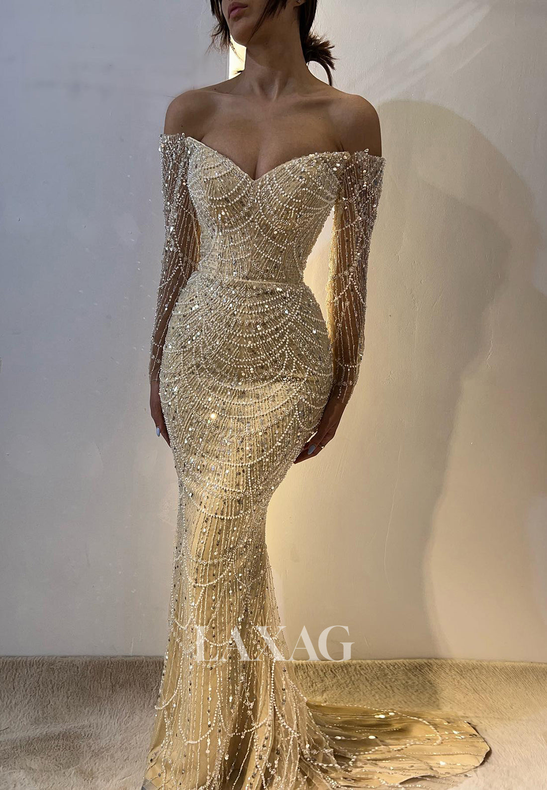 23175 - Off Shoulder Long Sleeves Sequins Mermaid Party Prom Formal Evening Dress with Train - Fashionpara