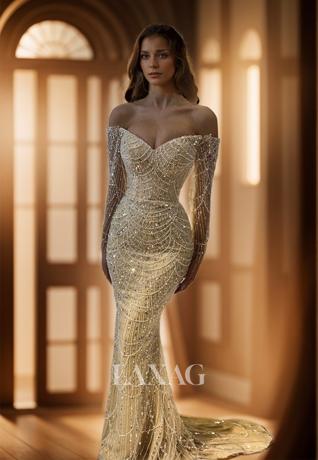 23175 - Off Shoulder Long Sleeves Sequins Mermaid Party Prom Formal Evening Dress with Train - Fashionpara