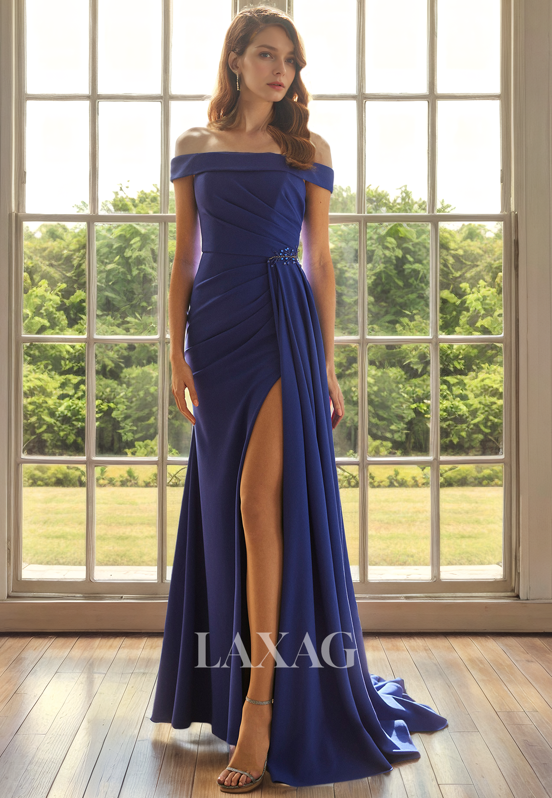 Off Shoulder Pleated Sleek Satin Mother of the Bride Dress with Slit and Train