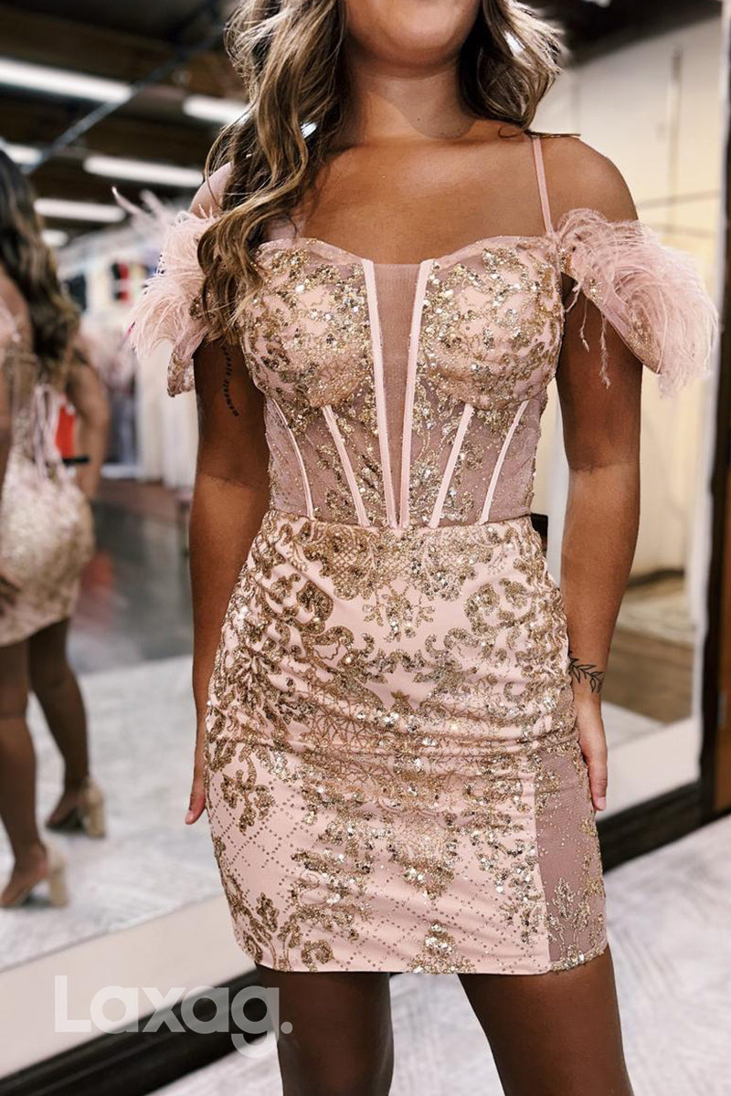 22636 - Off Shoulder Spaghetti Straps Appliques Sequins Feather Party Homecoming Dress - Fashionpara