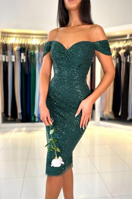 Charming Mermaid Off the shoulder sweetheart Dark Green Homecoming Dress - Fashionpara