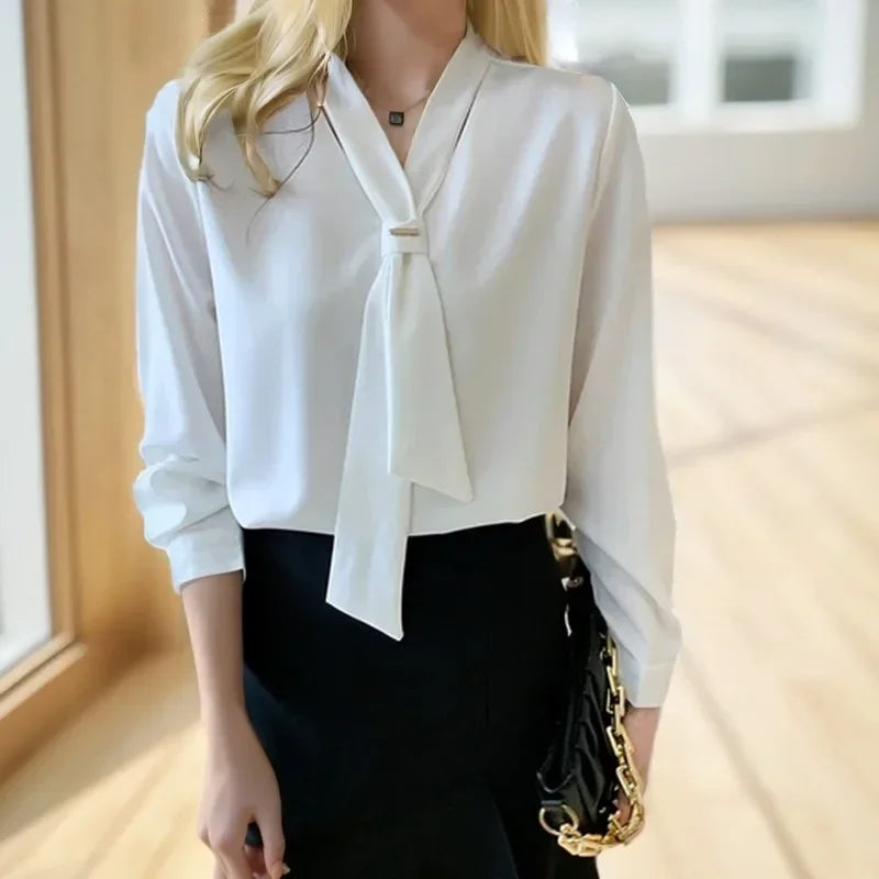 Chiffon V-neck Tie Loose Long Sleeve White Blouse