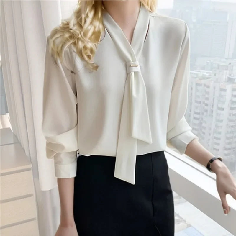 Chiffon V-neck Tie Loose Long Sleeve White Blouse