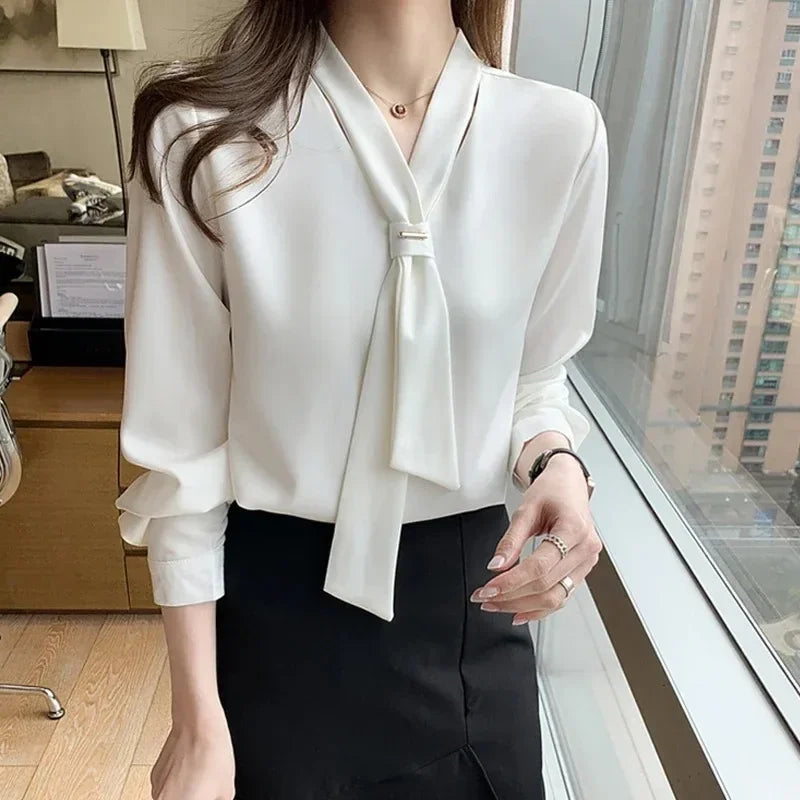 Chiffon V-neck Tie Loose Long Sleeve White Blouse