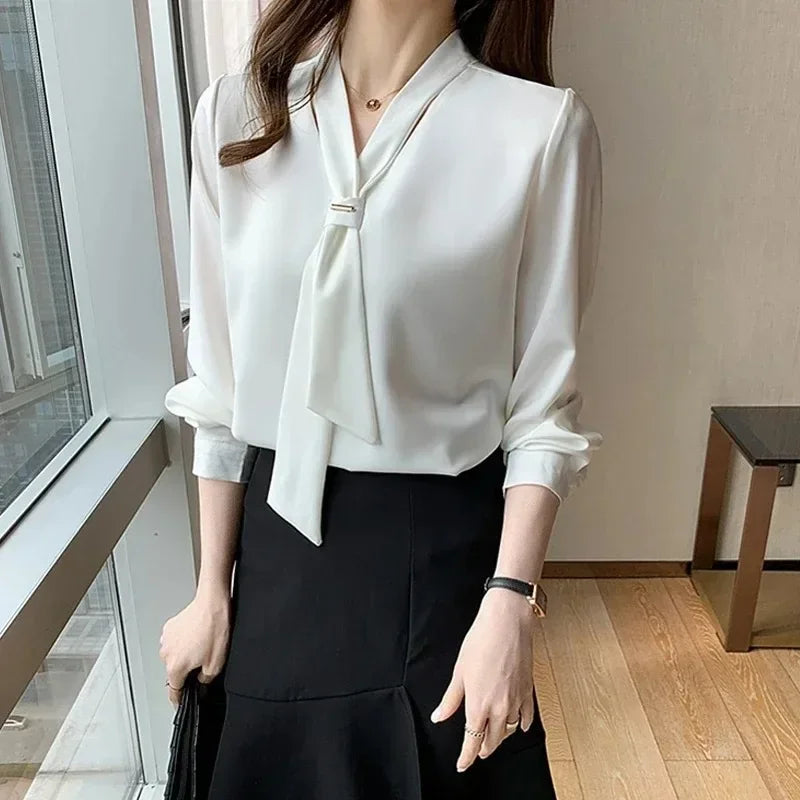 Chiffon V-neck Tie Loose Long Sleeve White Blouse