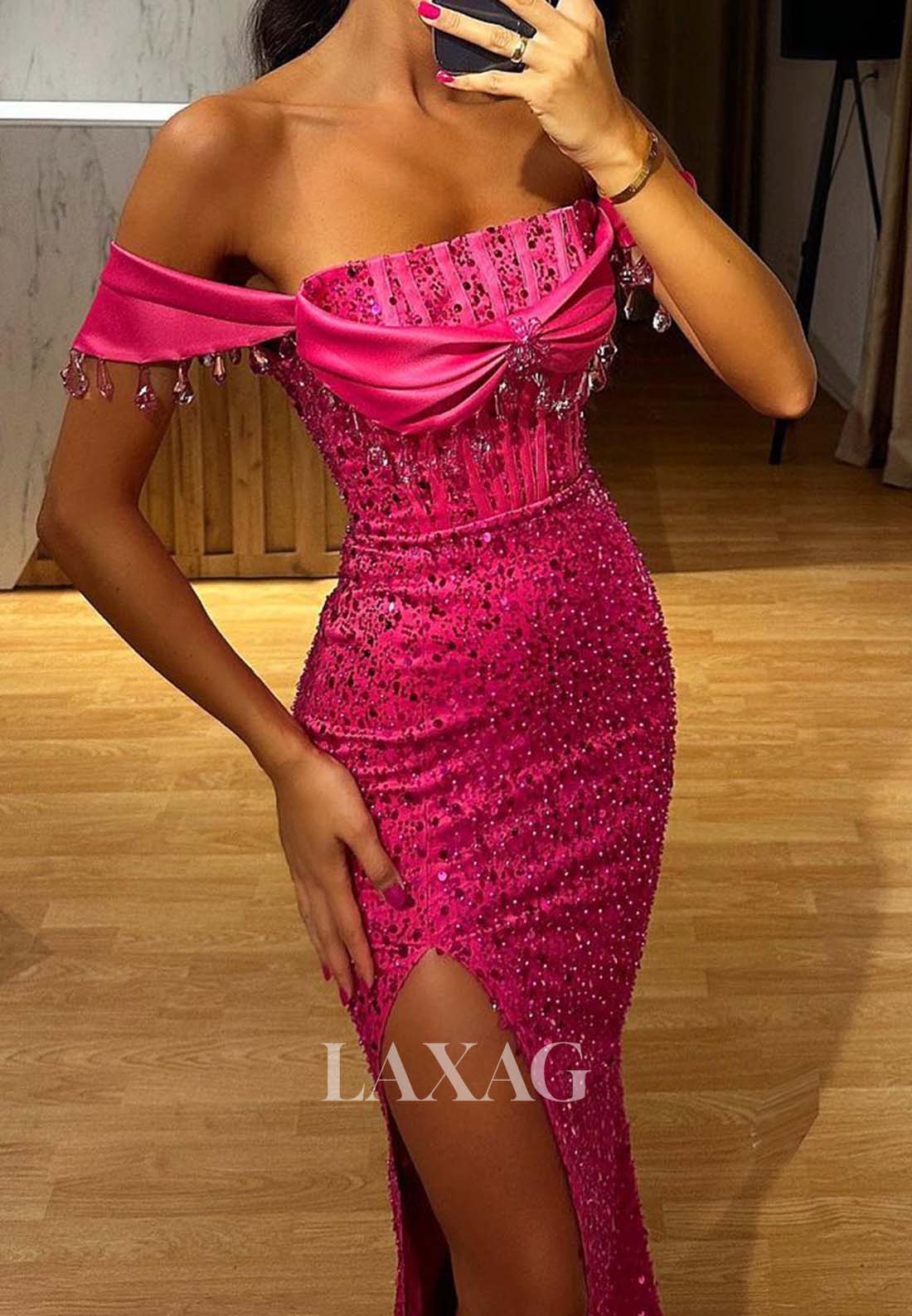 Off-shoulder Beaded Fully Sequins High Slit Party Gowns Tube Top Sleeveless Mermaid Prom Dress