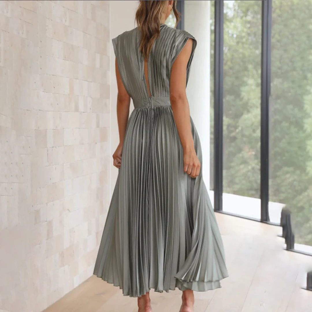Pleated Satin Deep V-Neck Sleeveless Midi Dress 16
