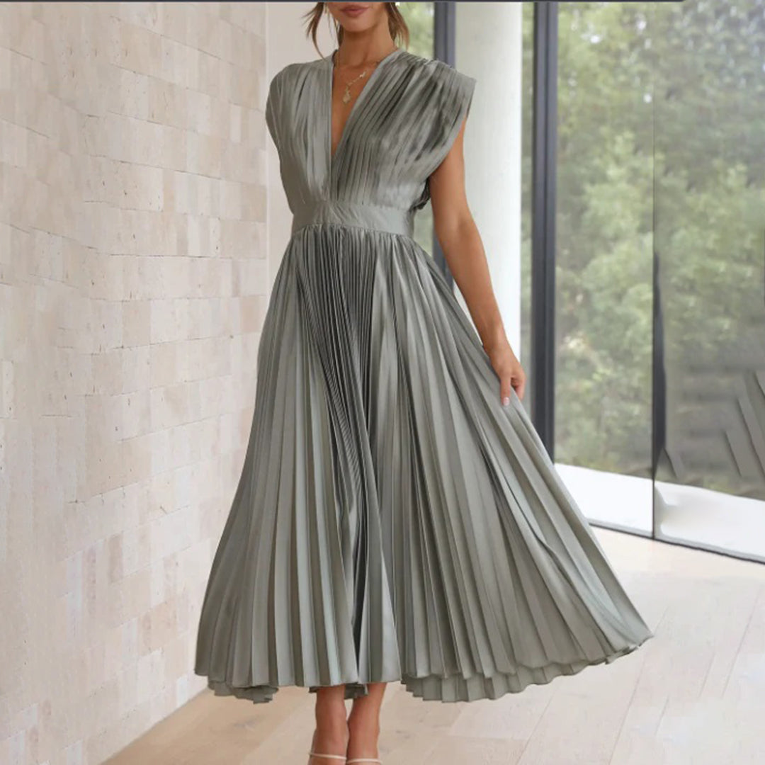 Pleated Satin Deep V-Neck Sleeveless Midi Dress 15