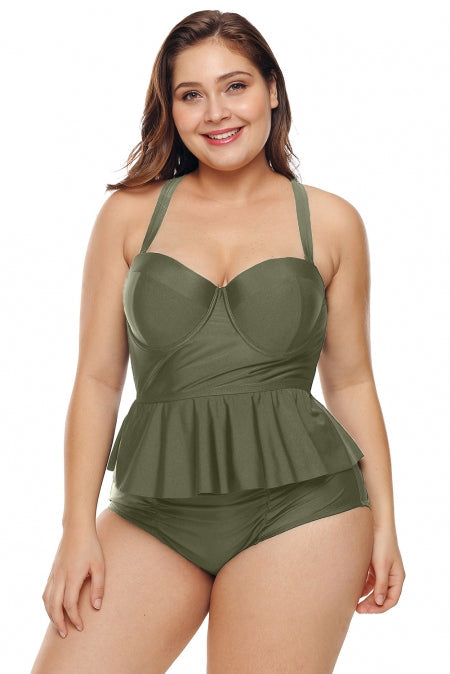 Olive Moulded Cups Peplum Plus Size Bikini Set