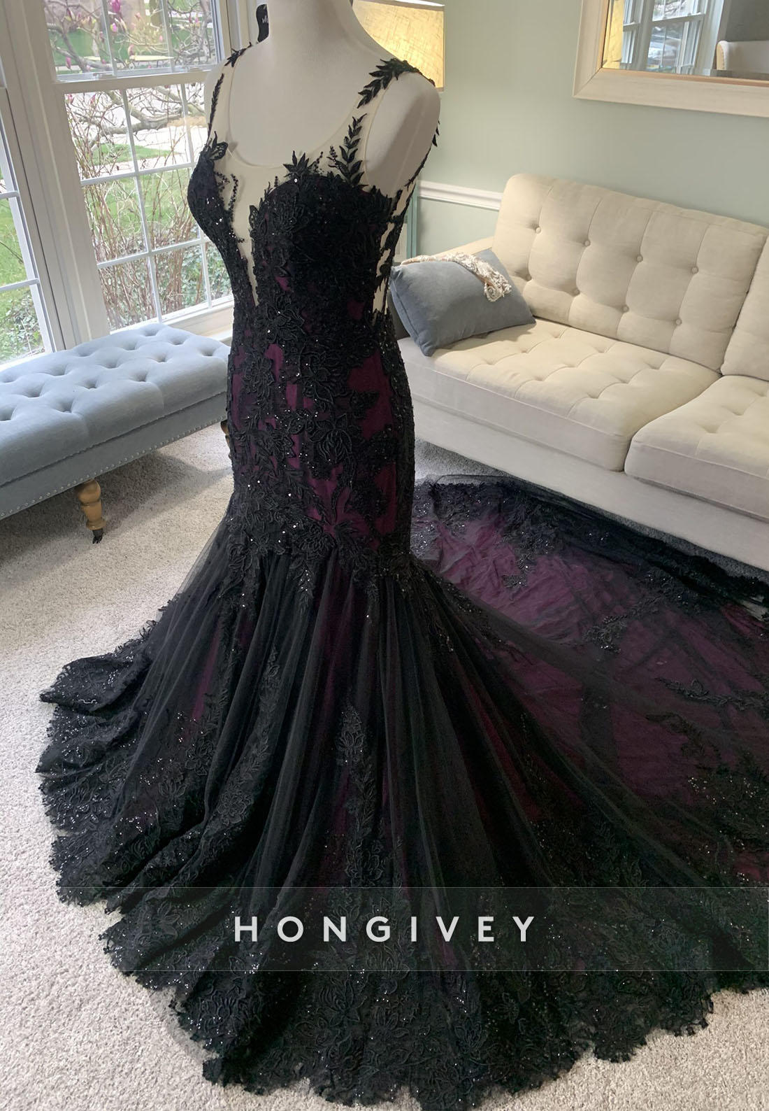 Lace Olivia Black and Purple Illusion Neck Mermaid Wedding Dress with Cape