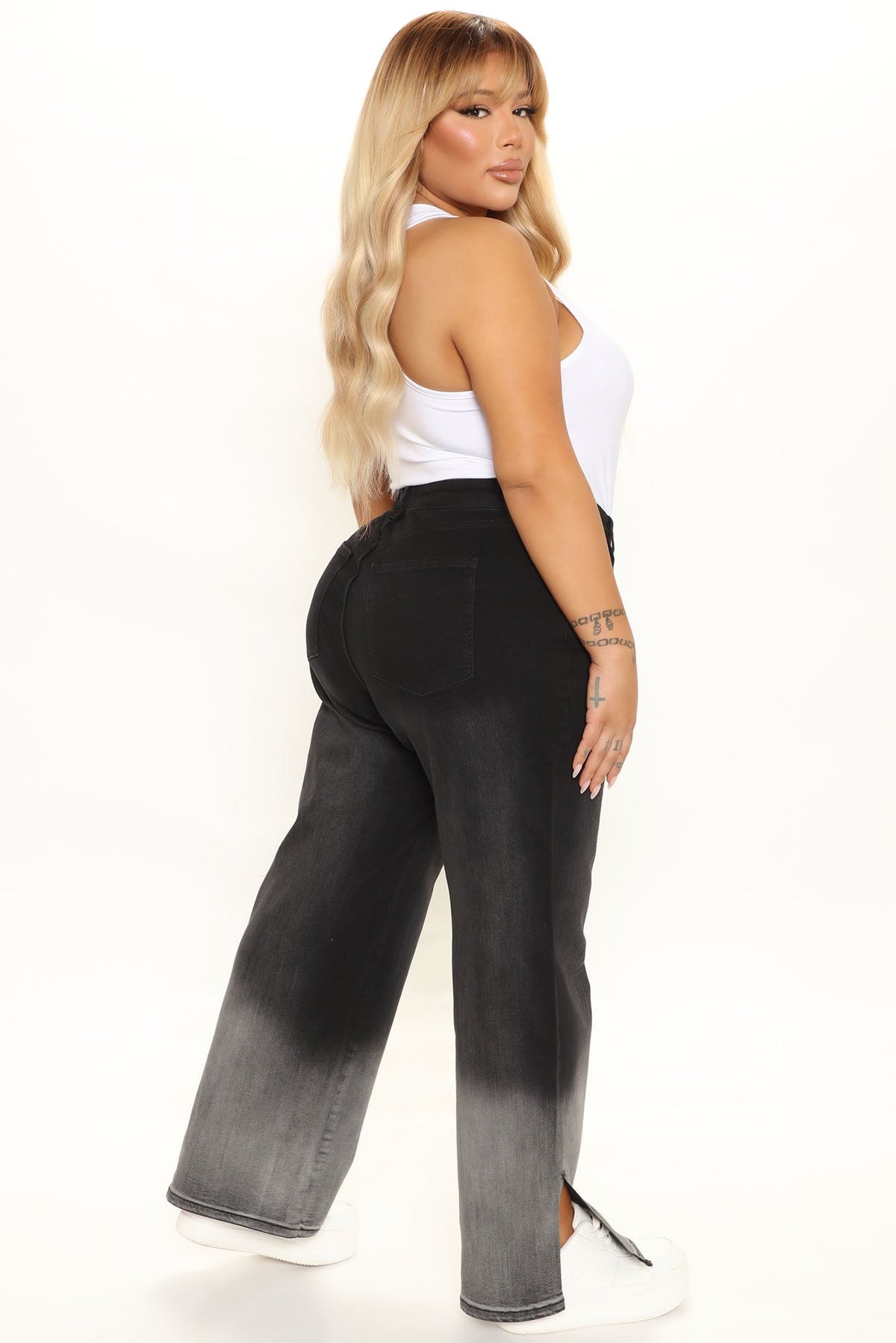 KittenAlarm - Ombre All Day Slit Hem Wide Leg Jeans - Black