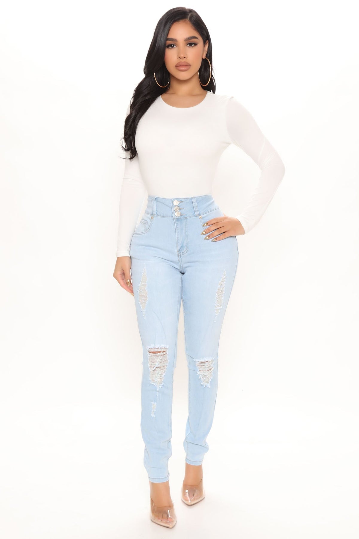 KittenAlarm - On Edge Ripped Skinny Jeans - Light Blue Wash