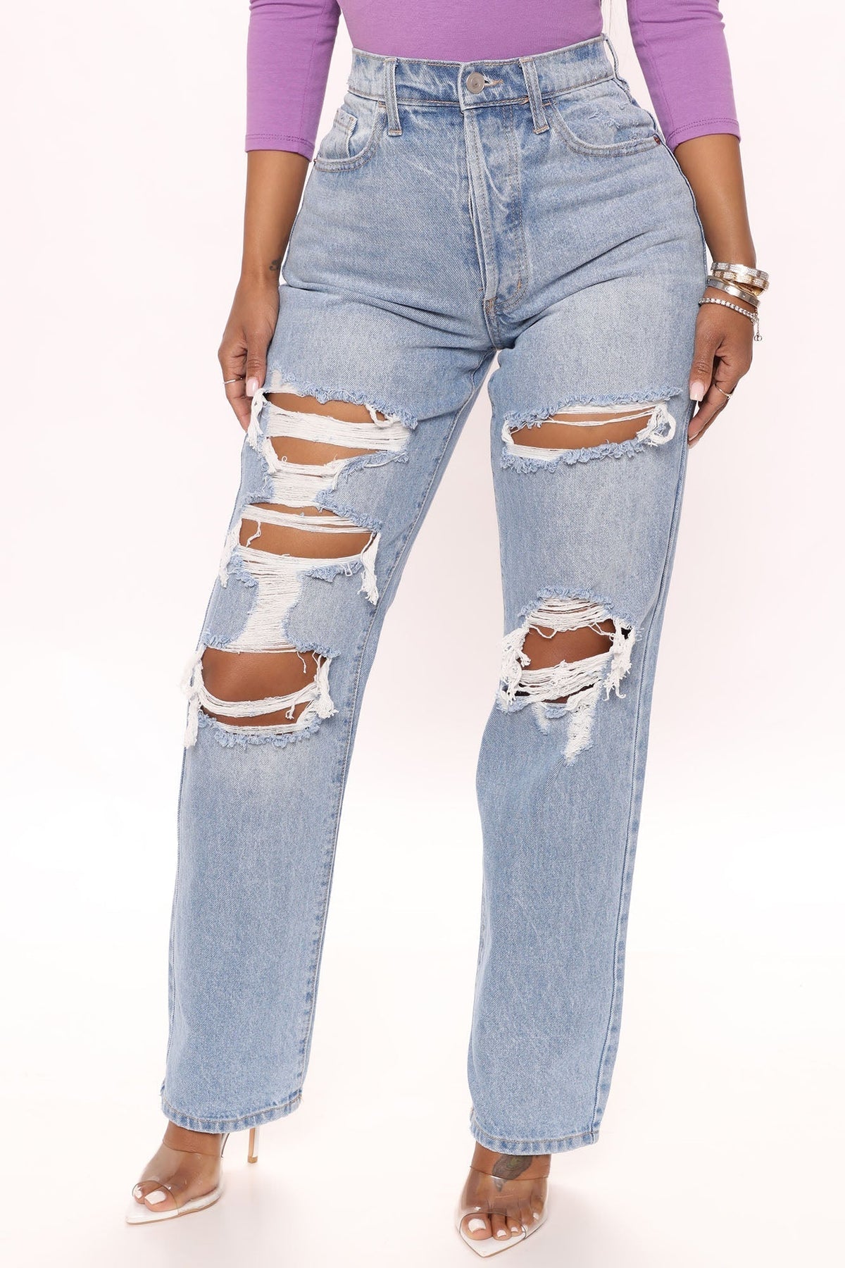 KittenAlarm - One More Time Ripped Baggy Jeans - Medium Blue Wash