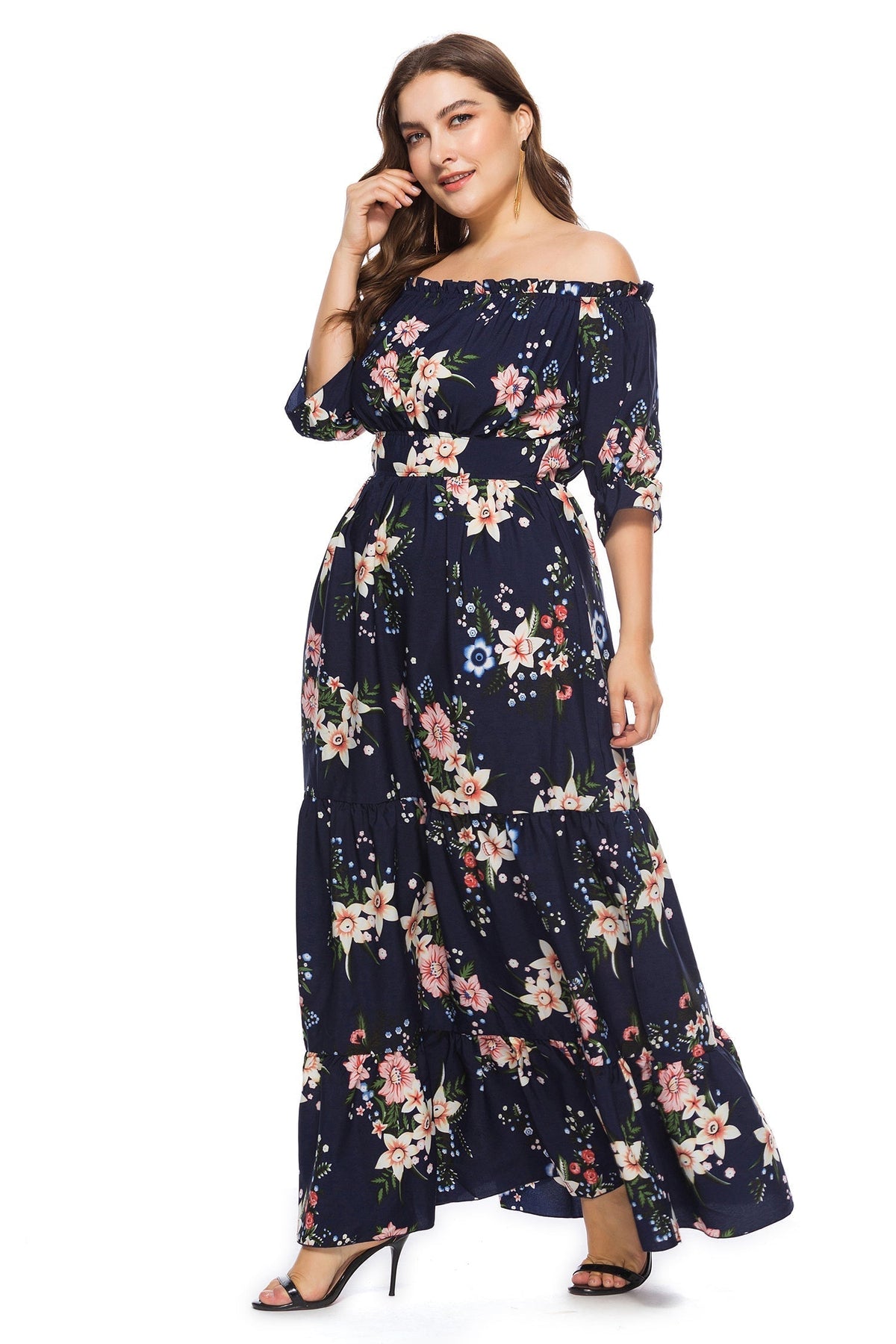 Floral Print Off Shoulder Ruffle Sleeve Tiered Maxi Dress