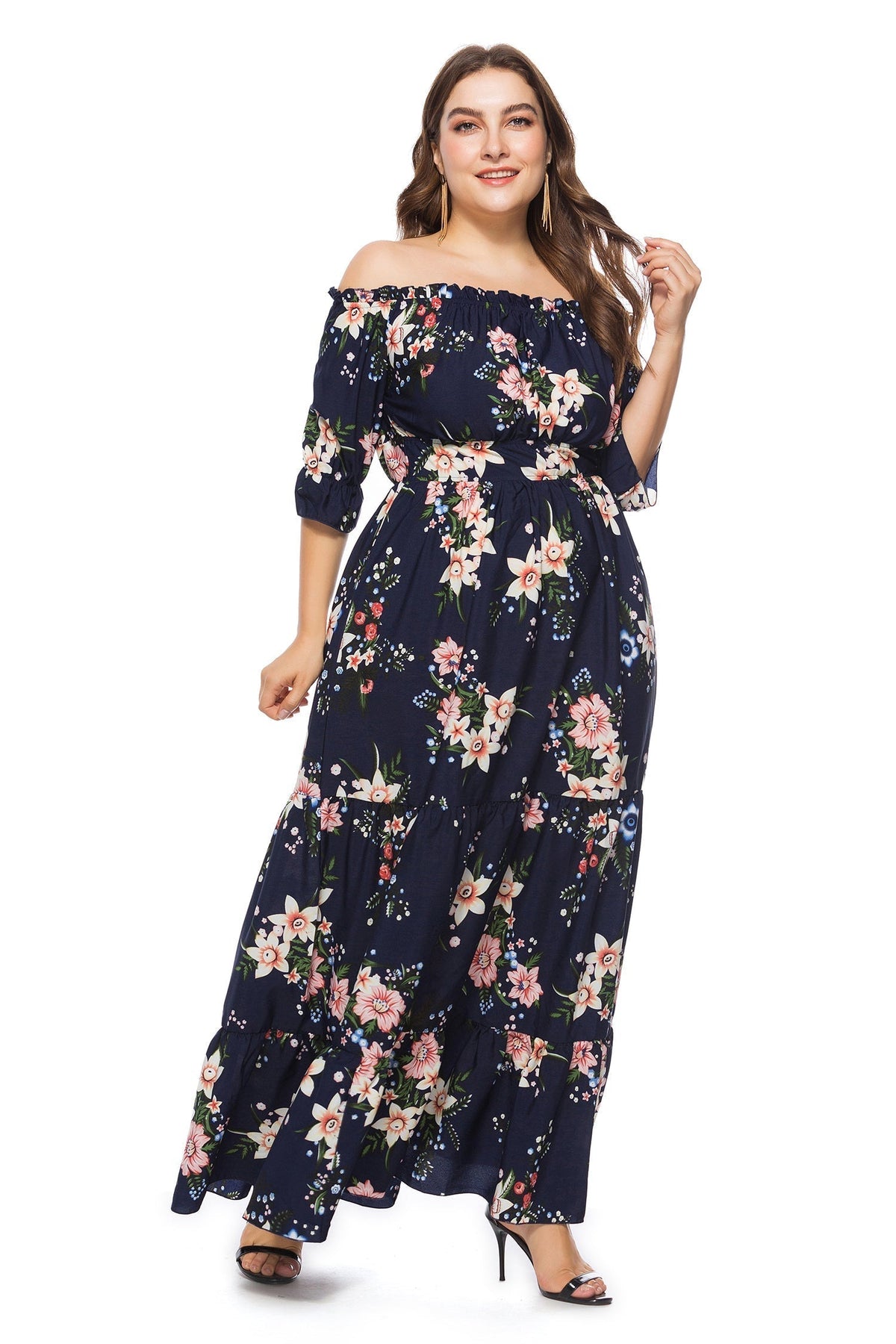 Floral Print Off Shoulder Ruffle Sleeve Tiered Maxi Dress