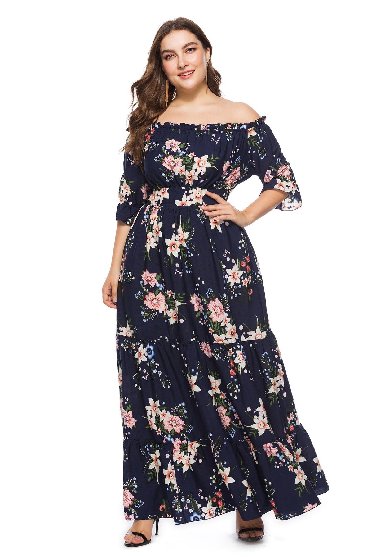 Floral Print Off Shoulder Ruffle Sleeve Tiered Maxi Dress
