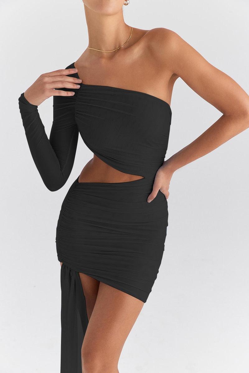One Shoulder Long Sleeve Cutout Ruched Bodycon Mini Dress 8