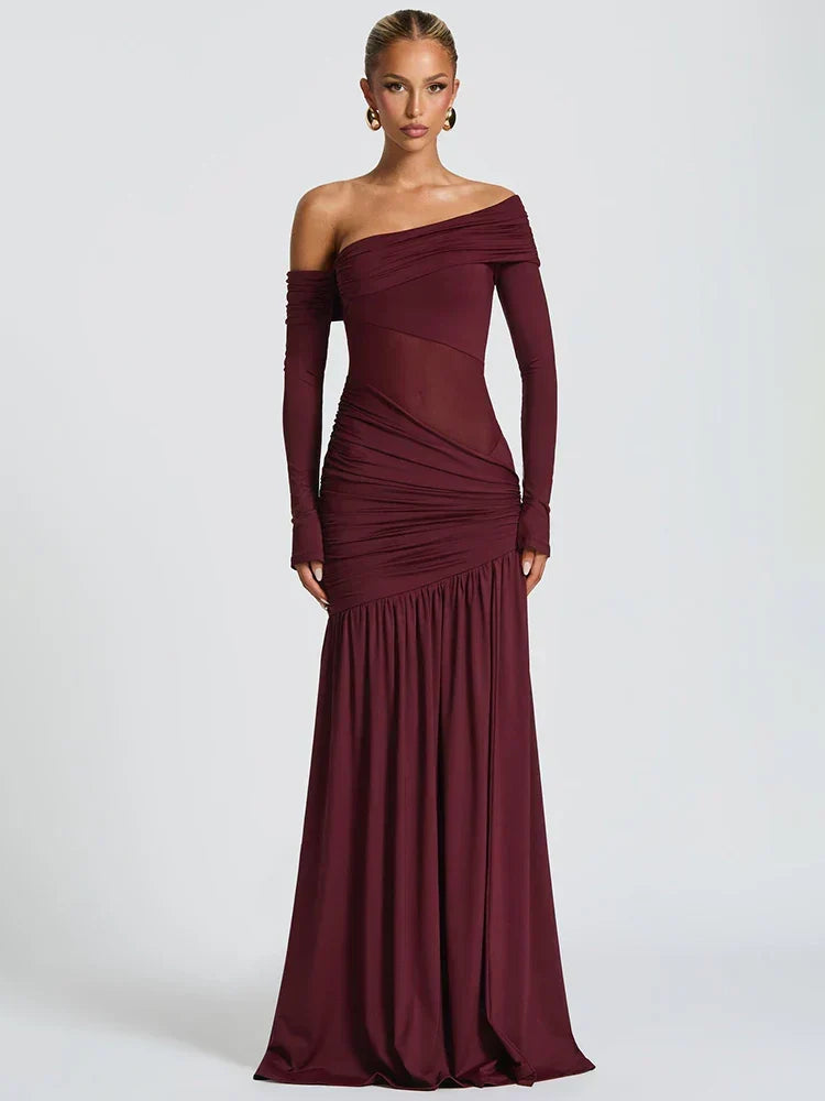One Shoulder Long Sleeve Ruched High Slit Maxi Gown 2