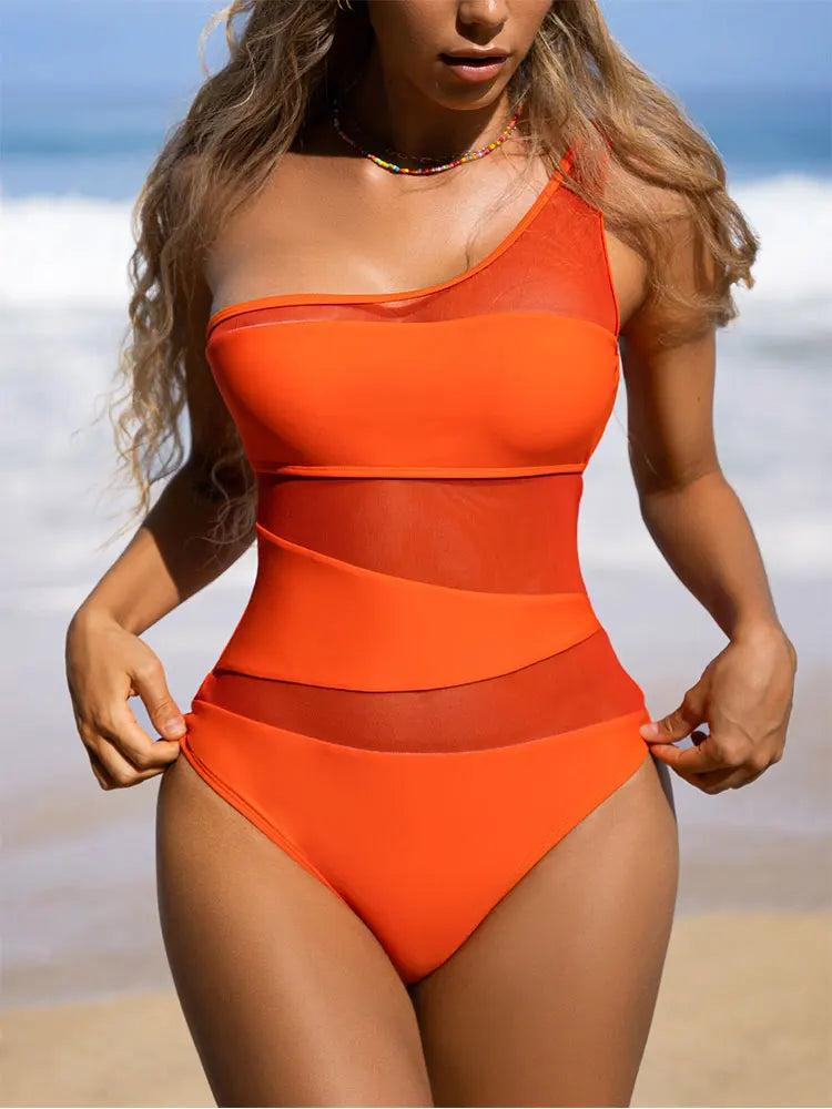 One Shoulder Mesh Monokini Swimsuit One Piece