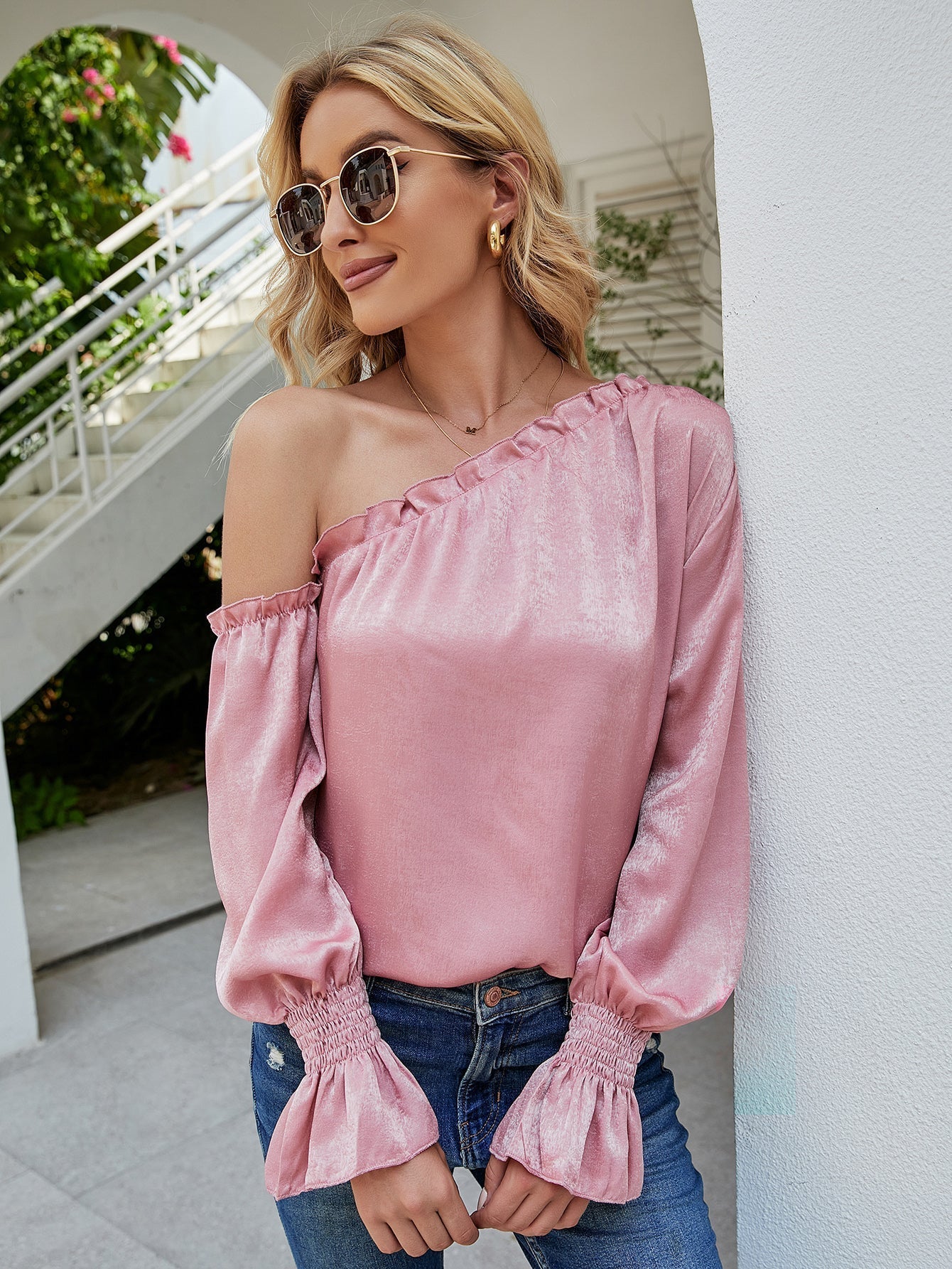 One Shoulder Puff Sleeve Blouse - Fashionpara