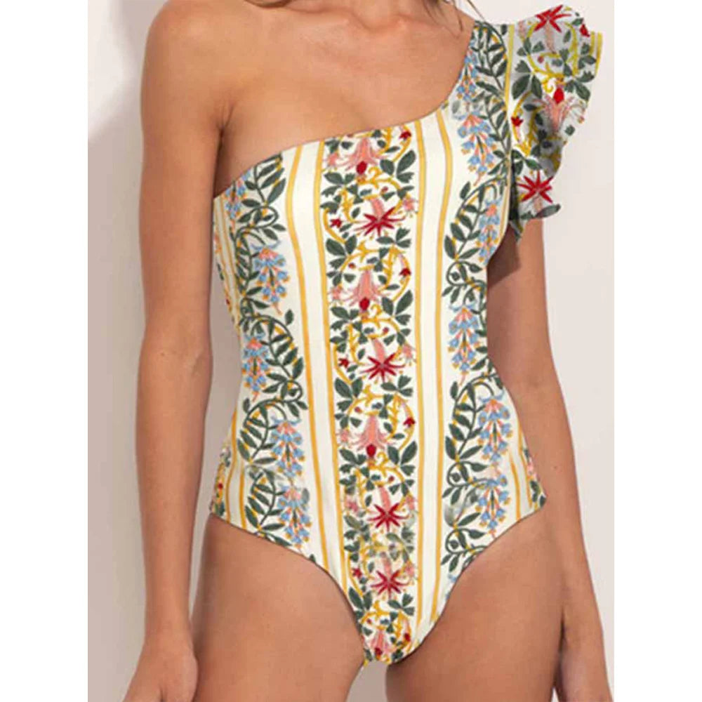 Ruffled Printed Asymmetrical Swimsuit One Piece - Fashionpara